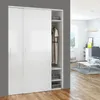 A white sliding door wardrobe with clothes hanging inside and folded clothes on shelves, next to a living room scene. Produktbild-Vorschau