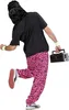 A person wearing an 80s-themed costume, including a black t-shirt, pink tiger-striped pants, and holding a boombox. Produktbild-Vorschau