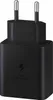 A black Samsung Super Fast Charging wall adapter with two prongs for a power outlet. Produktbild-Vorschau