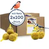 A product shot of bird food balls in nets, with two cardboard boxes in the background and two birds perched on or near the product. Produktbild-Vorschau