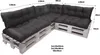 A sectional sofa made from wooden pallets with dark gray cushions, shown with dimensions indicated. Voir les images du produit