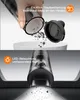 A collage showing a hand emptying dust from a handheld vacuum cleaner and the vacuum cleaner's LED light illuminating dust. Produktbild-Vorschau
