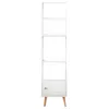 A tall, narrow white bookshelf with four shelves and a cabinet at the bottom, standing on wooden legs against a white background. Produktbild-Vorschau