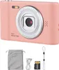 A pink digital camera with accessories laid out below it. Náhled obrázku produktu