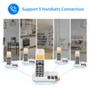 A collage of different rooms in a house, with cordless phones placed in the foreground, connected by blue lines to illustrate the multi-handset feature. Produktbild-Vorschau