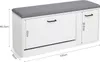 A white shoe bench with a gray upholstered seat, featuring dimensions labeled in centimeters. Voir les images du produit