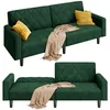 A green sofa bed is shown in two configurations: as a sofa with pillows and a blanket, and as a partially unfolded bed with a blanket. Produktbild-Vorschau