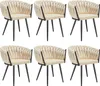 A set of six dining chairs arranged in two rows of three against a white background.