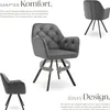 A collage of images showcasing a gray velvet armchair from different angles, with descriptive text highlighting its comfort and design. Produktbild-Vorschau