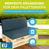 A dark gray cushion set on a wooden pallet, with green foliage in the background and marketing text overlays. Podgląd zdjęcia produktu