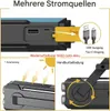 Close-up views of a portable power generator highlighting its multiple charging sources and battery capacity. Produktbild-Vorschau