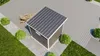 An aerial view of a small garden shed on a patio, surrounded by gravel and grass, with a lounge chair nearby. Produktbild-Vorschau