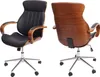 Two views of a black leather office chair with a wood-grain finish. Podgląd zdjęcia produktu