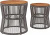 Two outdoor side tables with wooden tops and woven rope bases. Náhled obrázku produktu