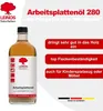A bottle of LEINOS Naturfarben Arbeitsplattenöl 280 is shown with marketing text highlighting its features. Produktbild-Vorschau
