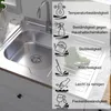 A stainless steel kitchen sink with various feature icons and text descriptions. Produktbild-Vorschau