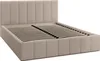 A beige upholstered bed frame with a slatted base, shown from a diagonal front-left perspective against a white background. Produktbild-Vorschau