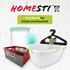 A collage of various household items, including a pitcher, a stack of containers, a laundry basket, and hangers, with brand text and a slogan. Produktbild-Vorschau