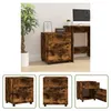 A collage of images showing a rustic brown filing cabinet with two drawers and wheels. The top image shows the cabinet in a home office setting next to a plant and a desk with a computer. The bottom row shows close-ups of the cabinet, including one with a  Náhľad obrázku produktu