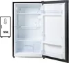 An open, empty refrigerator with shelves and a crisper drawer. A graphic overlay indicates the capacity and a thermometer icon. Náhled obrázku produktu