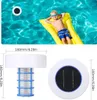 A boy relaxing on a yellow inflatable mattress in a swimming pool, with a solar-powered pool cleaner floating nearby. The bottom part of the image shows detailed views of the pool cleaner with dimensions. Náhled obrázku produktu
