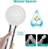 A hand holding a shower head with water spraying from it, next to a graphic of a water drop with a plant inside, and two smaller images showing the shower head in use. Produktbild-Vorschau