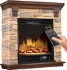 A hand holding a remote control points it towards an electric fireplace with a realistic flame effect. Produktbild-Vorschau