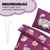 A close-up view of a purple duvet cover and pillowcase set with a cartoon cat print, alongside a graphic illustration of a zipper. Produktbild-Vorschau