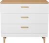 A white dresser with wooden handles and a wooden top, shown from the front on a white background. Podgląd zdjęcia produktu