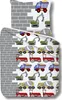A bedding set with a construction vehicle theme, featuring various trucks and excavators. Produktbild-Vorschau