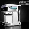 A sleek, modern coffee machine is displayed against a dark background, highlighting its features. The image includes text overlays that describe a feature of the machine. Podgląd zdjęcia produktu