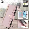 A pink phone case with a zipper and card slots, shown in a lifestyle setting with additional marketing graphics. Produktbild-Vorschau