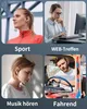 A collage of four images showing people using wireless headphones in different scenarios: sports, web meetings, listening to music, and driving. Produktbild-Vorschau