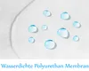 Close-up of a white fabric surface with water droplets, demonstrating its waterproof quality. Text at the bottom indicates it's a waterproof polyurethane membrane. Produktbild-Vorschau