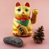 A golden Maneki-neko cat figurine sits on a pink background, with a pinecone and a stone in front of it. Produktbild-Vorschau