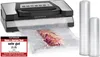 A vacuum sealer machine with a piece of meat in a vacuum bag, and two rolls of vacuum sealing film. Anteprima dell’immagine prodotto