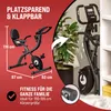 A marketing image for a foldable exercise bike, showing its dimensions and highlighting its space-saving and family-friendly features. Produktbild-Vorschau