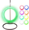 A green illuminated ring is displayed on a stand, with multiple other colored rings shown to the right. Produktbild-Vorschau