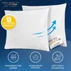 Two white pillows are shown against a dark blue background with stars. Various icons and text highlight product features. Produktbild-Vorschau