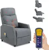 A collage showing a gray massage chair and a hand holding a remote control for the chair. Podgląd zdjęcia produktu
