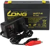 A black rechargeable sealed lead-acid battery and a black charger with red and black alligator clips are shown on a white background. Anteprima dell’immagine prodotto