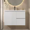 A modern bathroom vanity with a sink and faucet, set against a wood-paneled wall and illuminated by a circular LED mirror. Produktbild-Vorschau