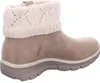 A side view of a taupe boot with a cream knitted cuff. Voir les images du produit