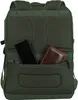 Close-up of the back of a green backpack, showing a phone and a wallet in an external pocket. Voir les images du produit