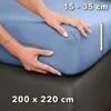 Hands are shown adjusting a light blue fitted sheet on a mattress. Produktbild-Vorschau