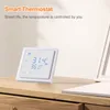 A smart thermostat is displayed on a wooden surface, with text overlays indicating its features. Náhľad obrázku produktu