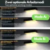 The image displays two modes of operation for a solar wall light, illustrating different battery power levels and motion detection scenarios. Produktbild-Vorschau