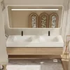 A modern bathroom vanity with a double sink and integrated mirror. Produktbild-Vorschau