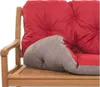 A close-up view of a red and gray cushion on a wooden bench. Produktbild-Vorschau