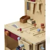 A close-up view of a wooden toy workbench with various tools and accessories. Produktbild-Vorschau